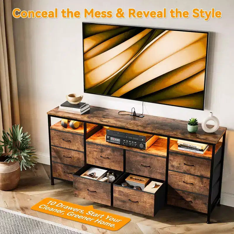 63.3 Inch Dresser for Bedroom, 10 Drawer Dresser TV Fabric Chest of Drawers with LED Lights & Power Outlets, Long Entertainment Center for Closet