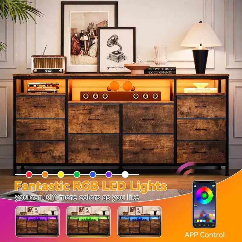63.3 Inch Dresser for Bedroom, 10 Drawer Dresser TV Fabric Chest of Drawers with LED Lights & Power Outlets, Long Entertainment Center for Closet