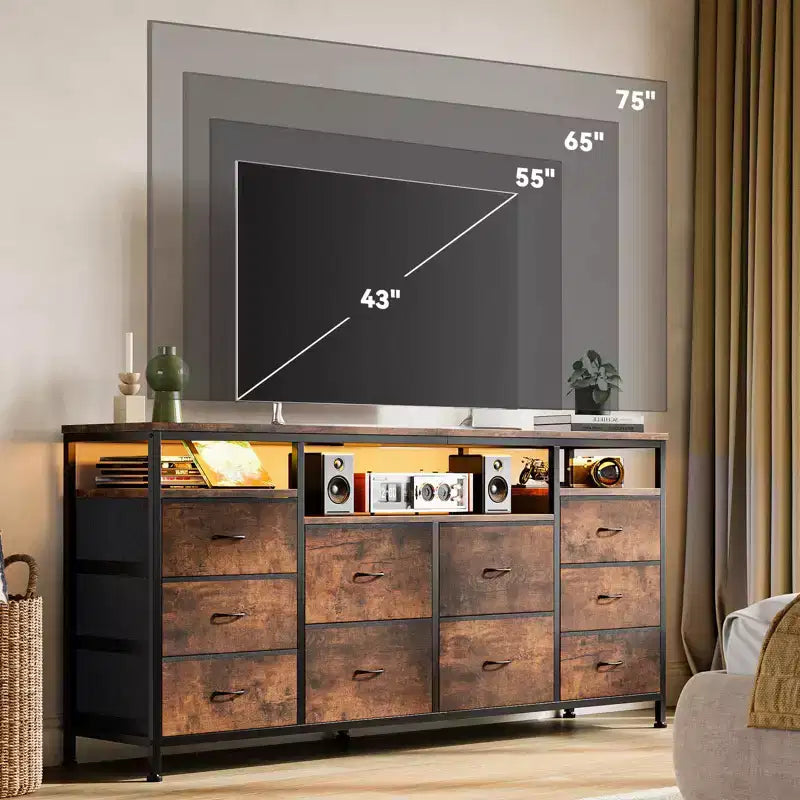 63.3 Inch Dresser for Bedroom, 10 Drawer Dresser TV Fabric Chest of Drawers with LED Lights & Power Outlets, Long Entertainment Center for Closet