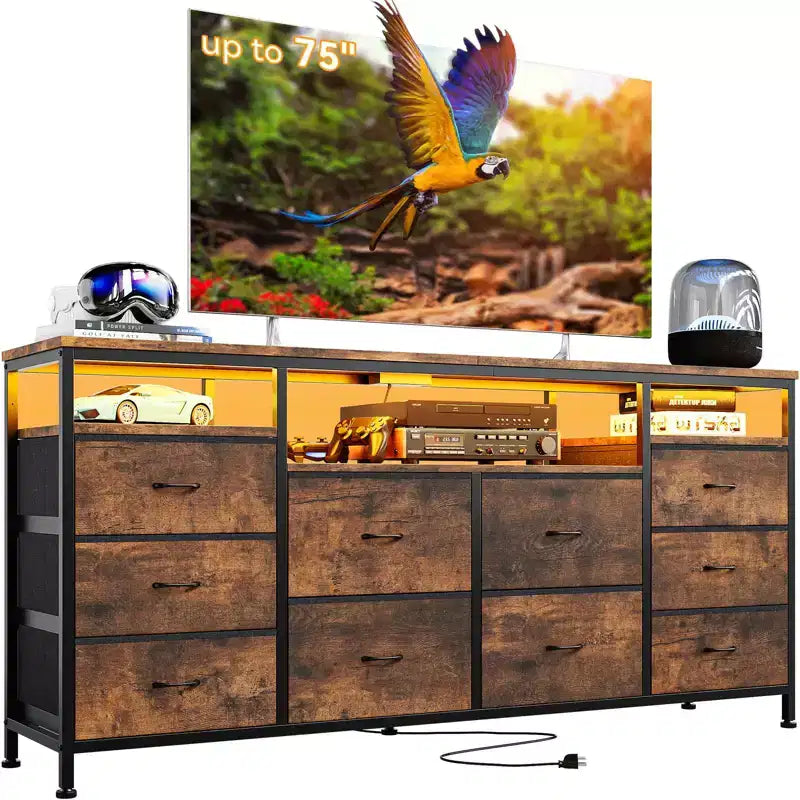 63.3 Inch Dresser for Bedroom, 10 Drawer Dresser TV Fabric Chest of Drawers with LED Lights & Power Outlets, Long Entertainment Center for Closet