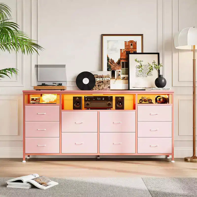 63.3 Inch Dresser for Bedroom, 10 Drawer Dresser TV Fabric Chest of Drawers with LED Lights & Power Outlets, Long Entertainment Center for Closet