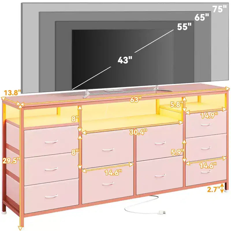 63.3 Inch Dresser for Bedroom, 10 Drawer Dresser TV Fabric Chest of Drawers with LED Lights & Power Outlets, Long Entertainment Center for Closet