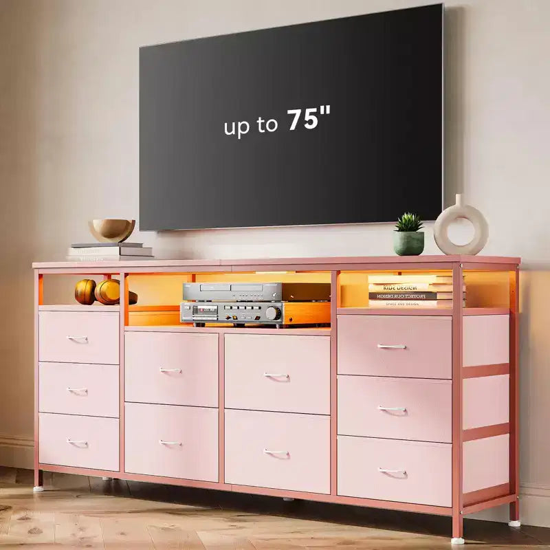 63.3 Inch Dresser for Bedroom, 10 Drawer Dresser TV Fabric Chest of Drawers with LED Lights & Power Outlets, Long Entertainment Center for Closet