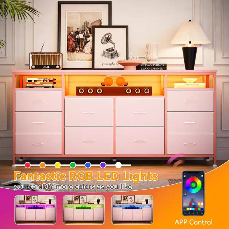 63.3 Inch Dresser for Bedroom, 10 Drawer Dresser TV Fabric Chest of Drawers with LED Lights & Power Outlets, Long Entertainment Center for Closet