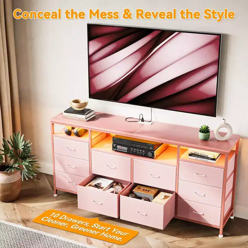 63.3 Inch Dresser for Bedroom, 10 Drawer Dresser TV Fabric Chest of Drawers with LED Lights & Power Outlets, Long Entertainment Center for Closet