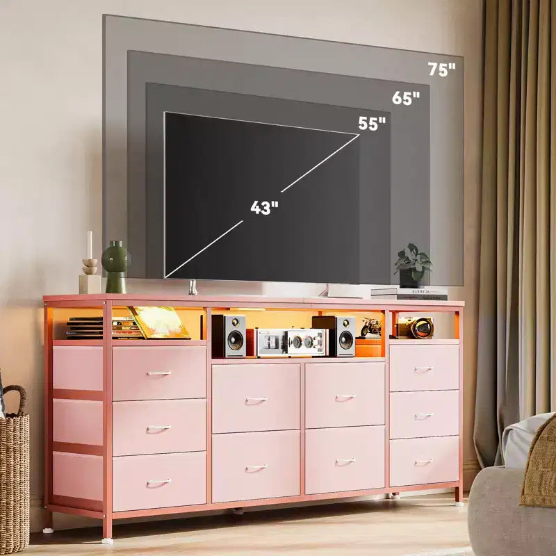 63.3 Inch Dresser for Bedroom, 10 Drawer Dresser TV Fabric Chest of Drawers with LED Lights & Power Outlets, Long Entertainment Center for Closet