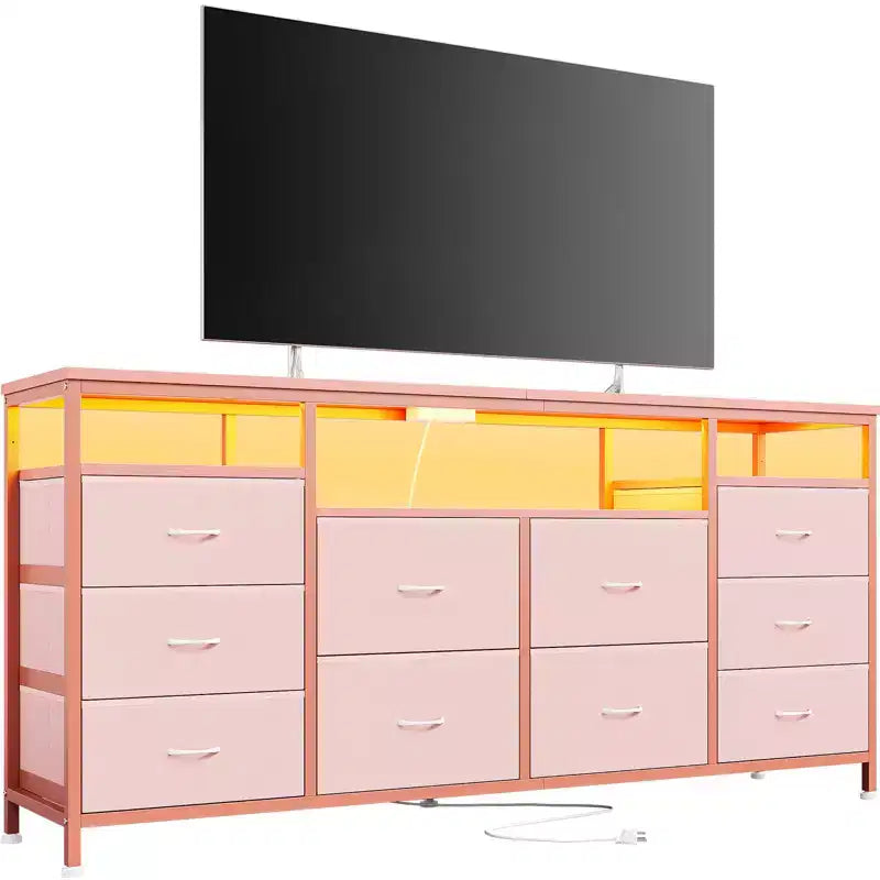63.3 Inch Dresser for Bedroom, 10 Drawer Dresser TV Fabric Chest of Drawers with LED Lights & Power Outlets, Long Entertainment Center for Closet