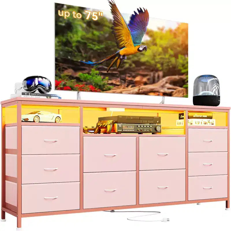 63.3 Inch Dresser for Bedroom, 10 Drawer Dresser TV Fabric Chest of Drawers with LED Lights & Power Outlets, Long Entertainment Center for Closet