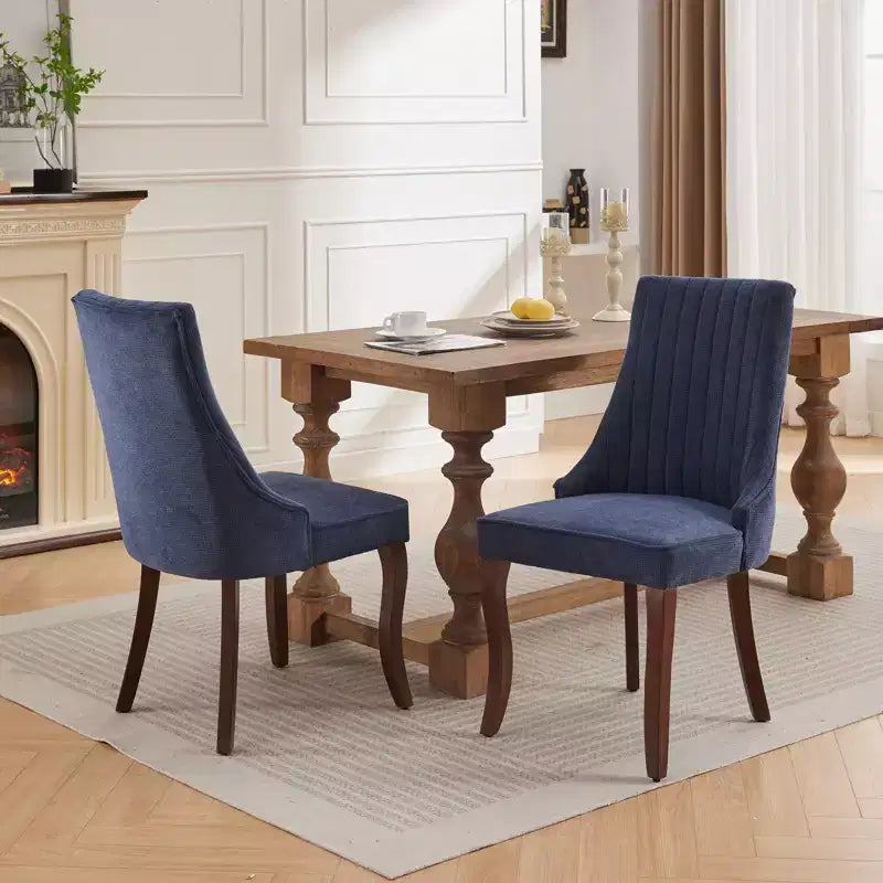 Flocking Linen Dining Chairs Set of 2, Modern Kitchen Chairs with Comfy Fabric Upholstered, Accent Chairs with Curved Solid Wood Legs