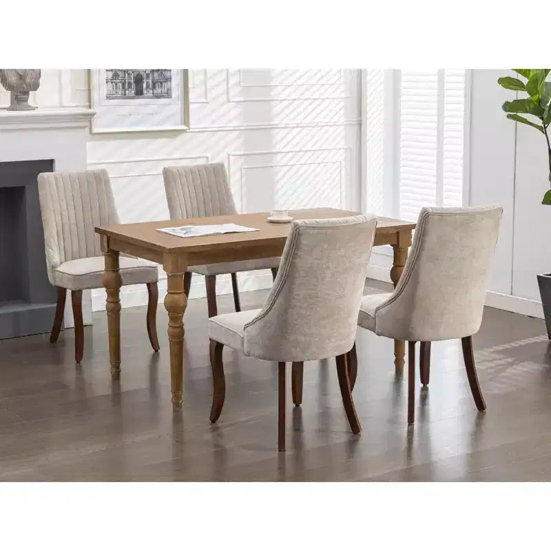 Flocking Linen Dining Chairs Set of 2, Modern Kitchen Chairs with Comfy Fabric Upholstered, Accent Chairs with Curved Solid Wood Legs