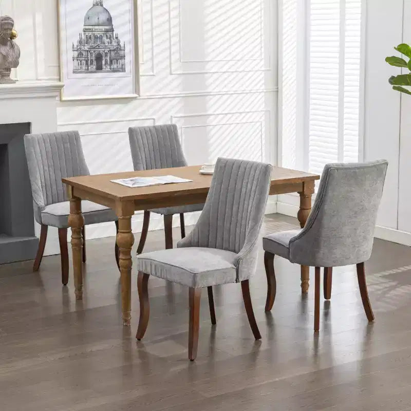 Flocking Linen Dining Chairs Set of 2, Modern Kitchen Chairs with Comfy Fabric Upholstered, Accent Chairs with Curved Solid Wood Legs