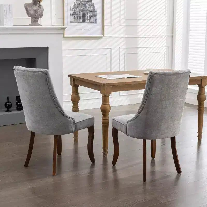 Flocking Linen Dining Chairs Set of 2, Modern Kitchen Chairs with Comfy Fabric Upholstered, Accent Chairs with Curved Solid Wood Legs