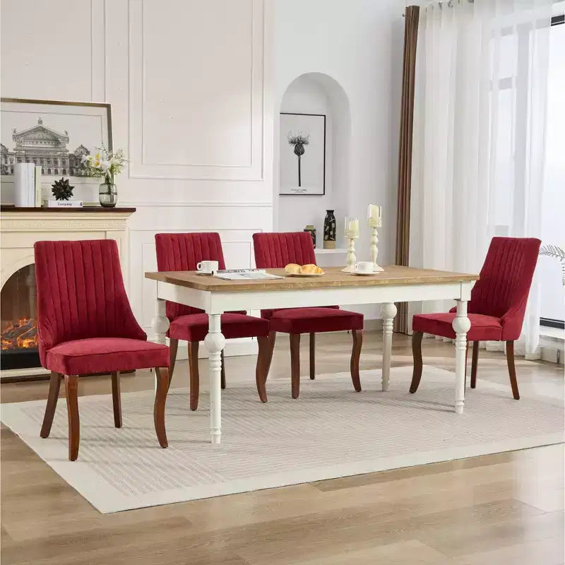 Flocking Linen Dining Chairs Set of 2, Modern Kitchen Chairs with Comfy Fabric Upholstered, Accent Chairs with Curved Solid Wood Legs