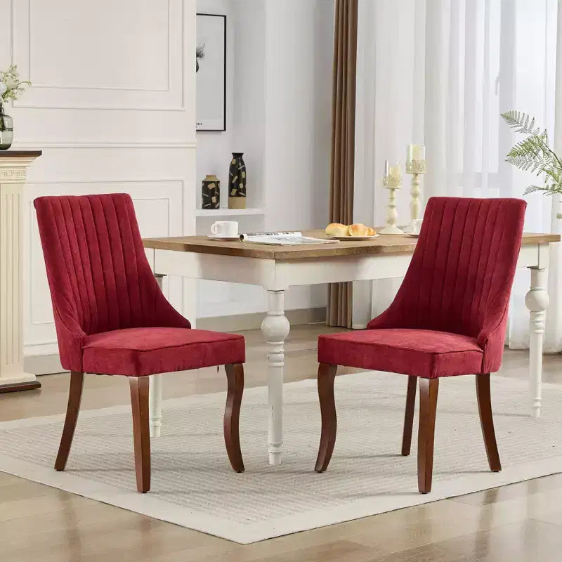 Flocking Linen Dining Chairs Set of 2, Modern Kitchen Chairs with Comfy Fabric Upholstered, Accent Chairs with Curved Solid Wood Legs