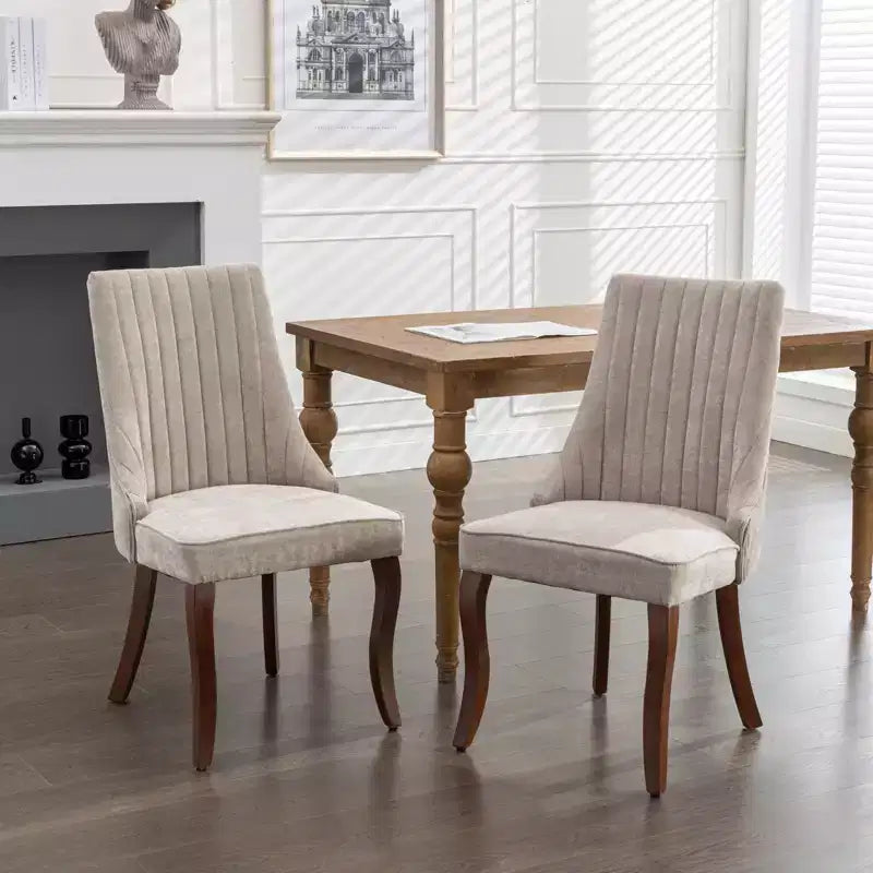 Flocking Linen Dining Chairs Set of 2, Modern Kitchen Chairs with Comfy Fabric Upholstered, Accent Chairs with Curved Solid Wood Legs