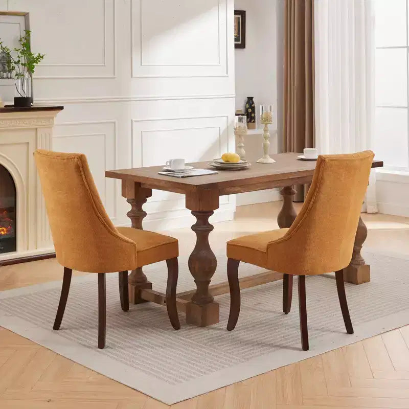 Flocking Linen Dining Chairs Set of 2, Modern Kitchen Chairs with Comfy Fabric Upholstered, Accent Chairs with Curved Solid Wood Legs