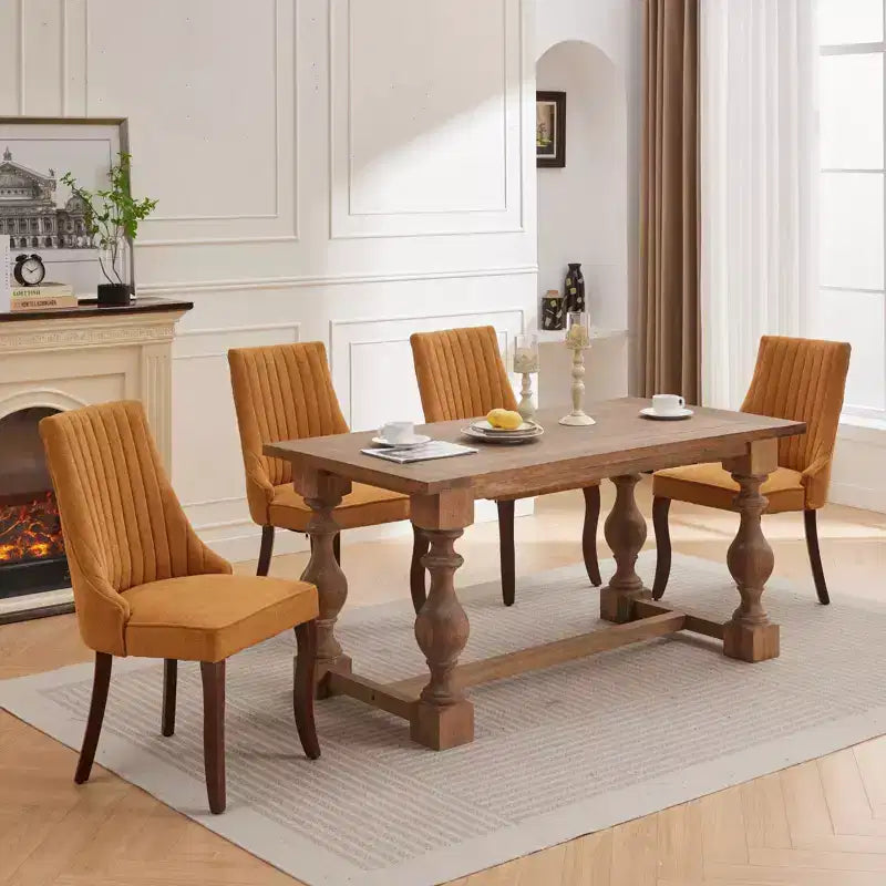 Flocking Linen Dining Chairs Set of 2, Modern Kitchen Chairs with Comfy Fabric Upholstered, Accent Chairs with Curved Solid Wood Legs