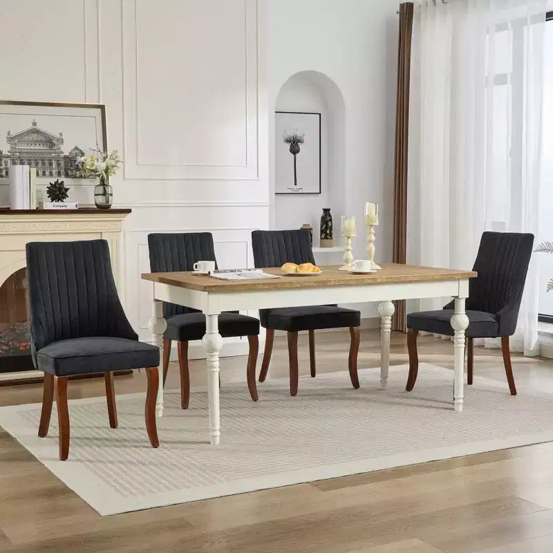 Flocking Linen Dining Chairs Set of 2, Modern Kitchen Chairs with Comfy Fabric Upholstered, Accent Chairs with Curved Solid Wood Legs