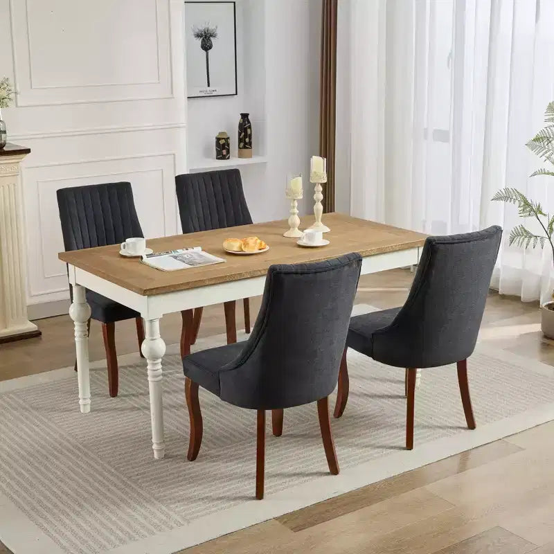 Flocking Linen Dining Chairs Set of 2, Modern Kitchen Chairs with Comfy Fabric Upholstered, Accent Chairs with Curved Solid Wood Legs
