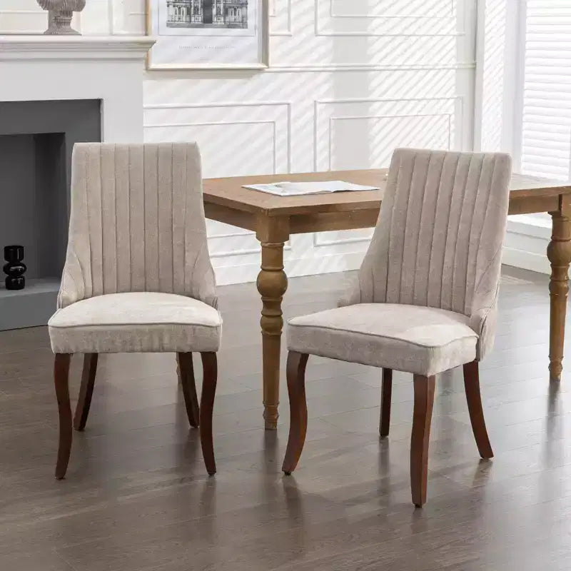 Okak Flocking Linen Dining Chairs Set of 2, Modern Kitchen Chairs with Comfy Fabric Upholstered, Accent Chairs with Curved Solid Wood Legs