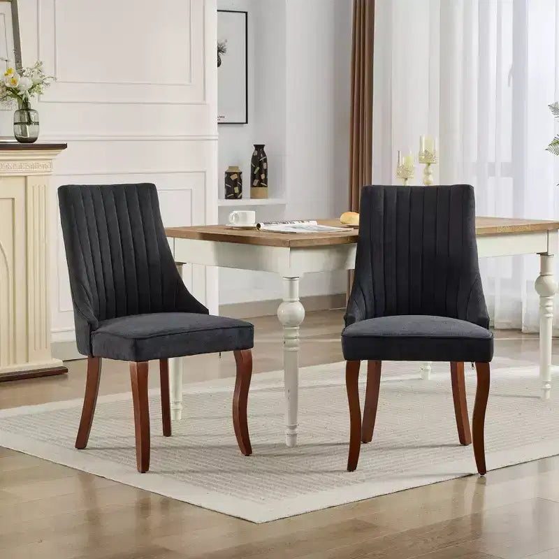 Lot de 2 chaises de salle à manger en lin floculé, chaises de cuisine modernes avec revêtement en tissu confortable, chaises d'appoint avec pieds incurvés en bois massif