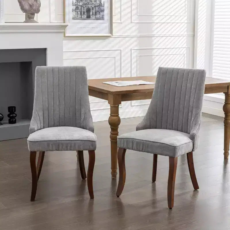Lot de 2 chaises de salle à manger en lin floculé, chaises de cuisine modernes avec revêtement en tissu confortable, chaises d'appoint avec pieds incurvés en bois massif