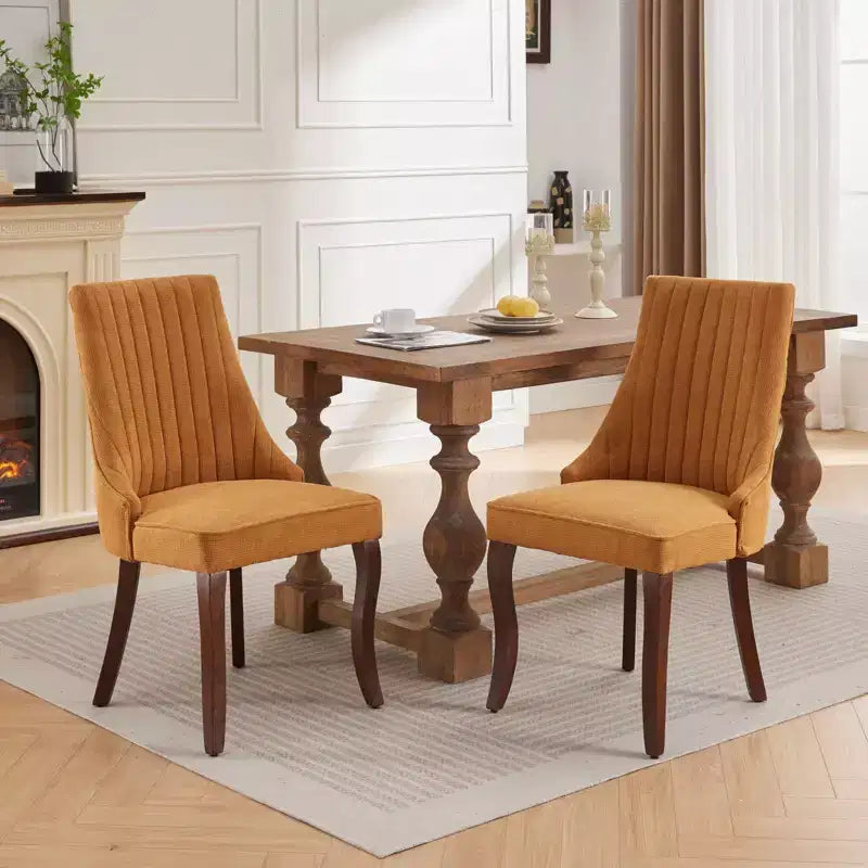 Lot de 2 chaises de salle à manger en lin floculé, chaises de cuisine modernes avec revêtement en tissu confortable, chaises d'appoint avec pieds incurvés en bois massif