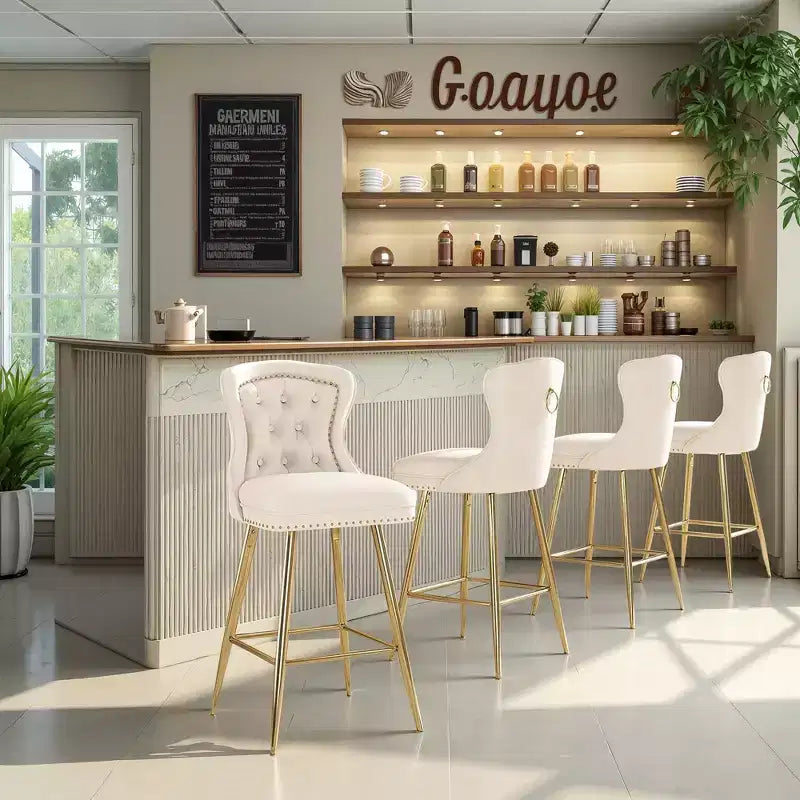 Beige Velvet Bar Stools Set of 2, Button-Tufted Wing-Back,Metal Legs for Kitchen Island & Pub