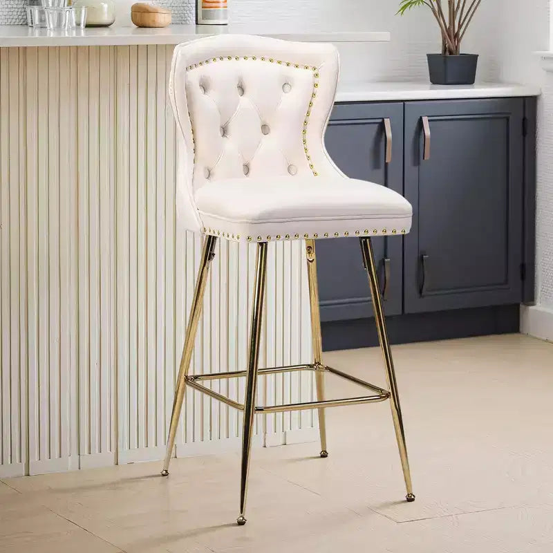 Beige Velvet Bar Stools Set of 2, Button-Tufted Wing-Back,Metal Legs for Kitchen Island & Pub