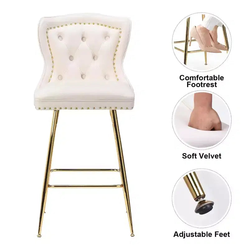 Beige Velvet Bar Stools Set of 2, Button-Tufted Wing-Back,Metal Legs for Kitchen Island & Pub