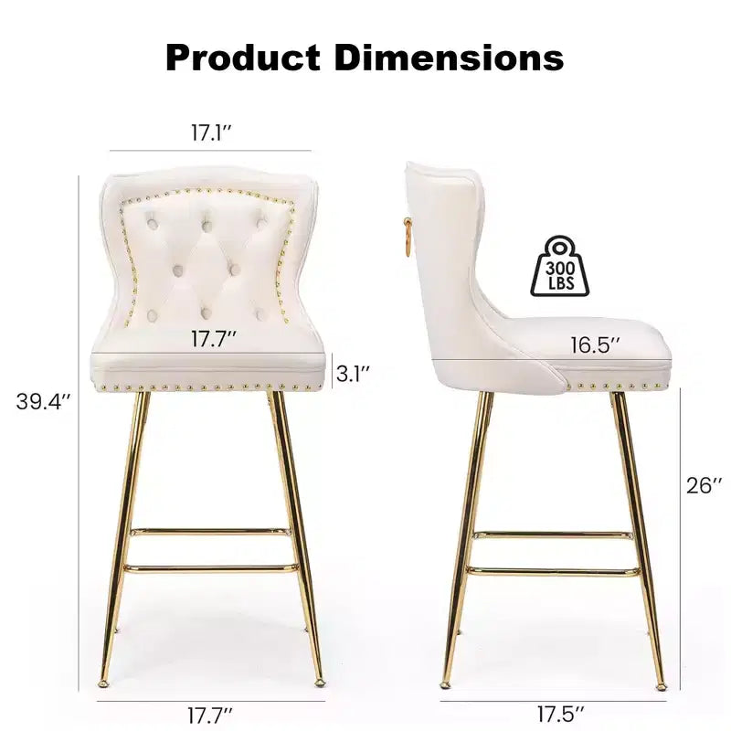 Beige Velvet Bar Stools Set of 2, Button-Tufted Wing-Back,Metal Legs for Kitchen Island & Pub