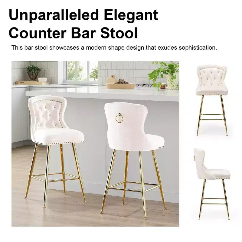 Beige Velvet Bar Stools Set of 2, Button-Tufted Wing-Back,Metal Legs for Kitchen Island & Pub