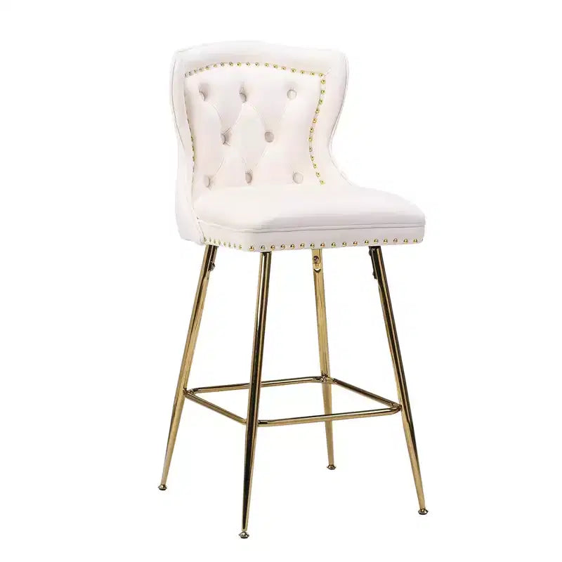 Beige Velvet Bar Stools Set of 2, Button-Tufted Wing-Back,Metal Legs for Kitchen Island & Pub