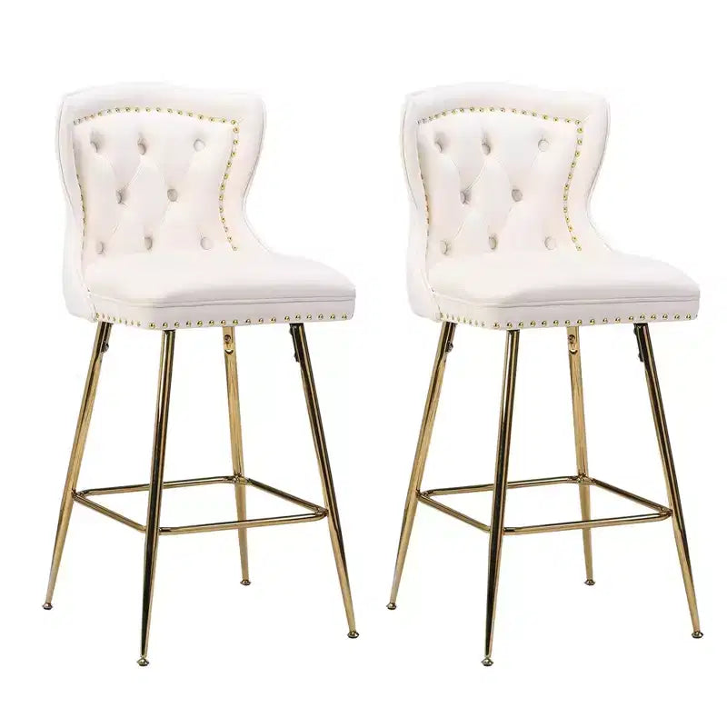 Beige Velvet Bar Stools Set of 2, Button-Tufted Wing-Back,Metal Legs for Kitchen Island & Pub