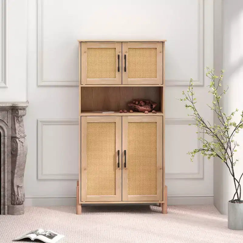 GDFStudio Malphite Mid-Century Modern 23.6'' Storage Cabinet with Woven Rattan Doors and Adjustable Shelves