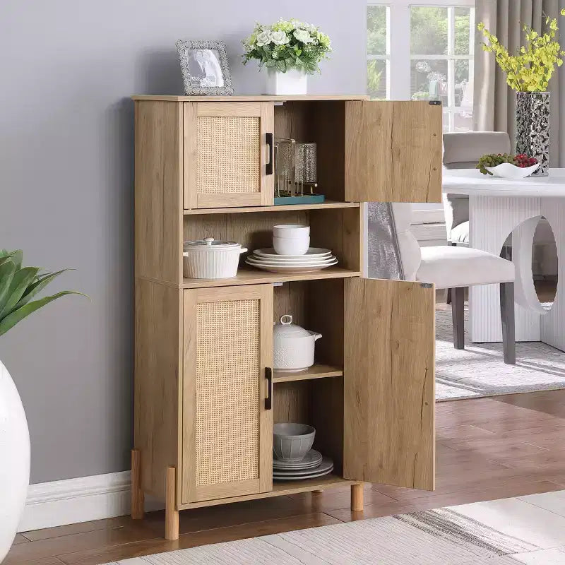 Malphite Mid-Century Modern 23.6'' Storage Cabinet with Woven Rattan Doors and Adjustable Shelves