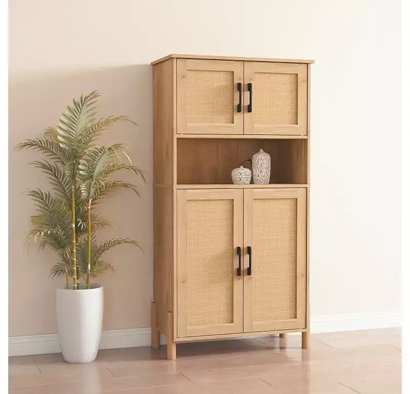 Malphite Mid-Century Modern 23.6'' Storage Cabinet with Woven Rattan Doors and Adjustable Shelves