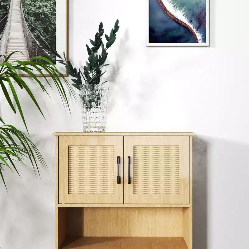 Malphite Mid-Century Modern 23.6'' Storage Cabinet with Woven Rattan Doors and Adjustable Shelves