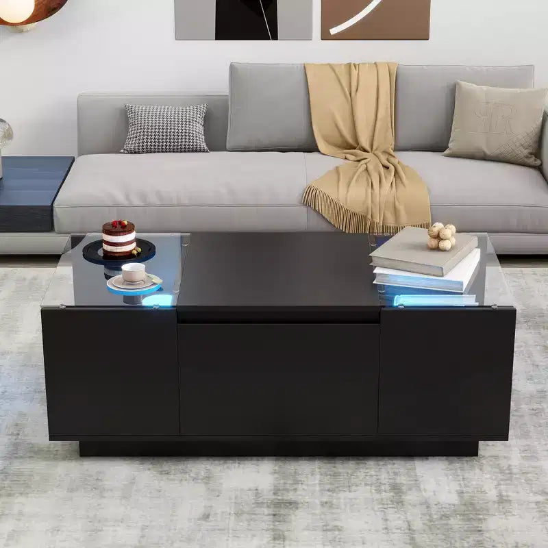 Modern LED Center Table with Glass Tabletop, Coffee Table with Open Storage Compartment and 2 Hidden Drawers