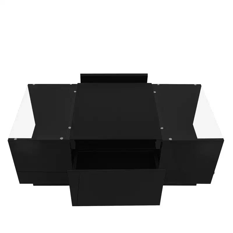 Modern LED Center Table with Glass Tabletop, Coffee Table with Open Storage Compartment and 2 Hidden Drawers