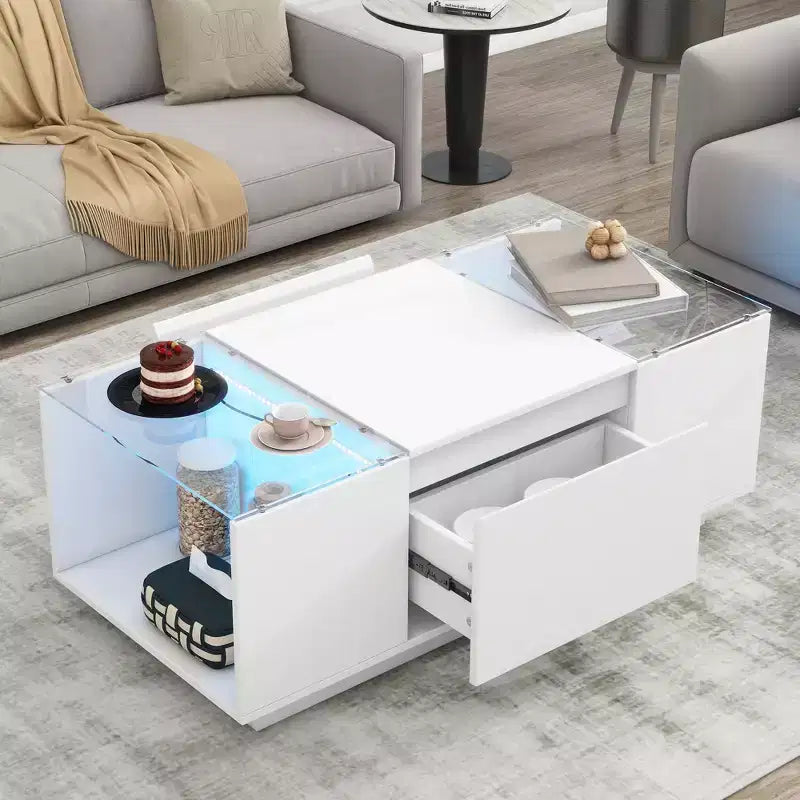 Modern LED Center Table with Glass Tabletop, Coffee Table with Open Storage Compartment and 2 Hidden Drawers