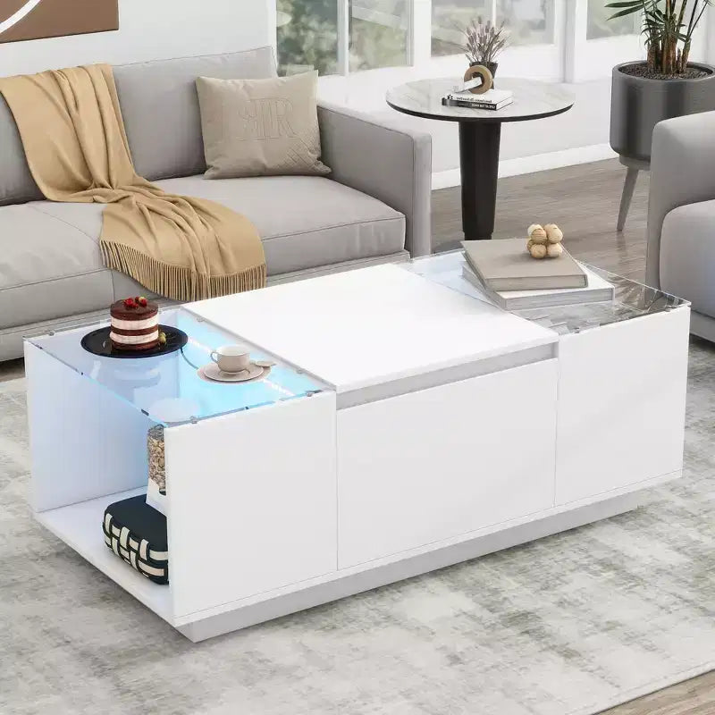 Modern LED Center Table with Glass Tabletop, Coffee Table with Open Storage Compartment and 2 Hidden Drawers