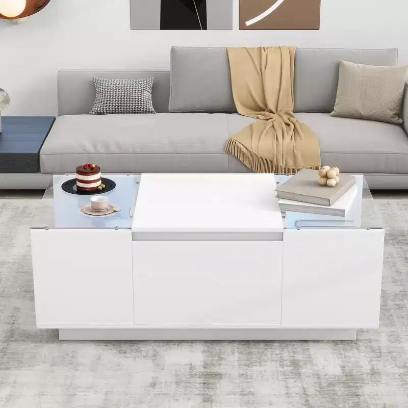 Modern LED Center Table with Glass Tabletop, Coffee Table with Open Storage Compartment and 2 Hidden Drawers