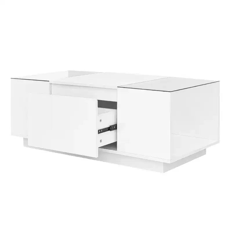 Modern LED Center Table with Glass Tabletop, Coffee Table with Open Storage Compartment and 2 Hidden Drawers