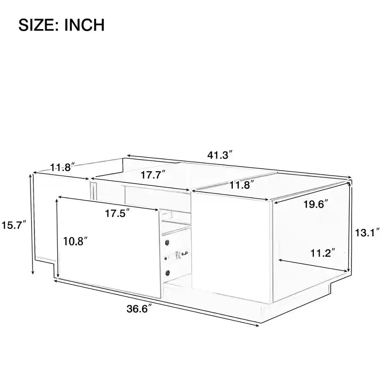 Modern LED Center Table with Glass Tabletop, Coffee Table with Open Storage Compartment and 2 Hidden Drawers