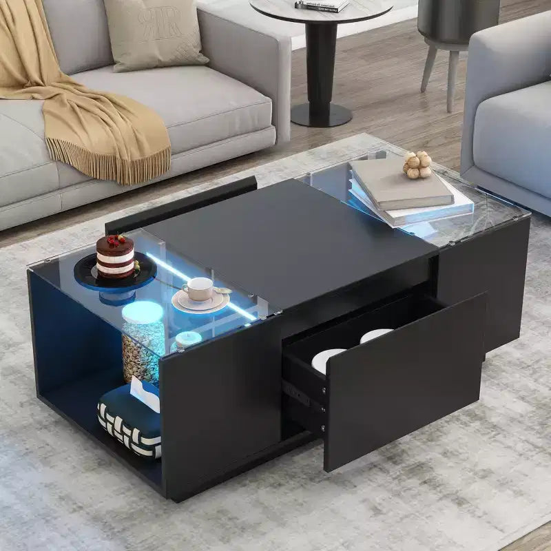 Modern LED Center Table with Glass Tabletop, Coffee Table with Open Storage Compartment and 2 Hidden Drawers