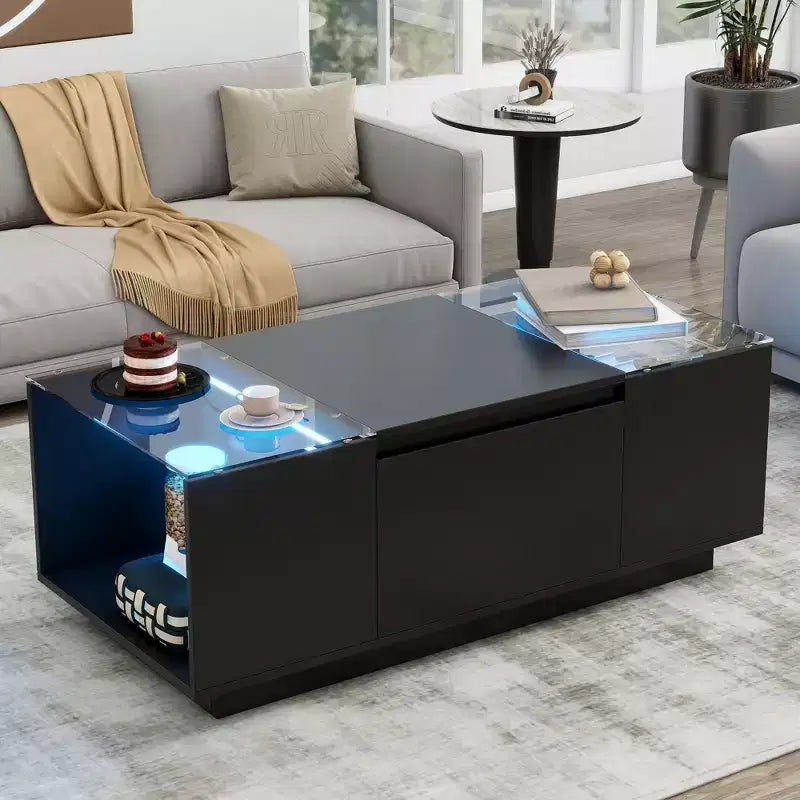 Modern LED Center Table with Glass Tabletop, Coffee Table with Open Storage Compartment and 2 Hidden Drawers
