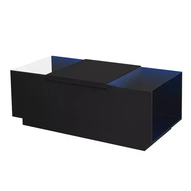 Modern LED Center Table with Glass Tabletop, Coffee Table with Open Storage Compartment and 2 Hidden Drawers
