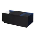 Modern LED Center Table with Glass Tabletop, Coffee Table with Open Storage Compartment and 2 Hidden Drawers