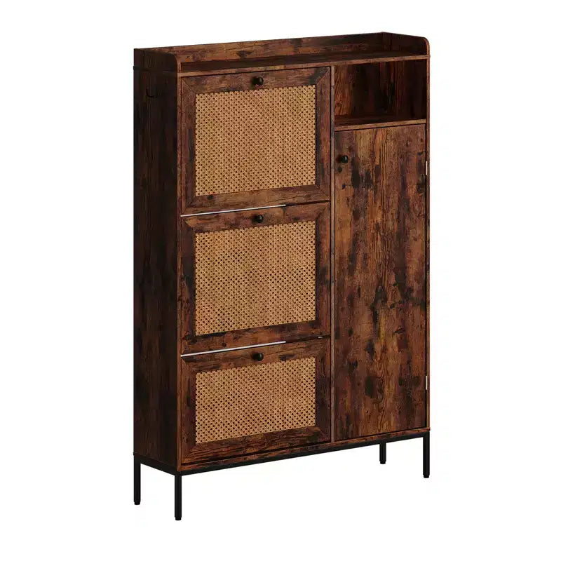 3 Tier Free Standing Shoe Cabinet with Natural Rattan, Shoe Organizer with Adjustable Shelves, Narrow Shoe Rack for Hallway, Retro